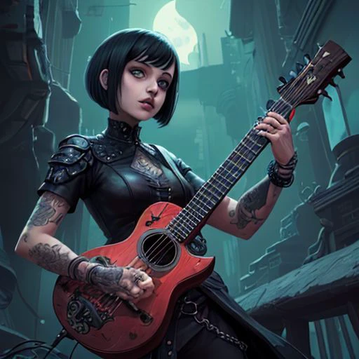 Female, grey skin, goth clothing, gothic tattoos, bard, mage, cyberpunk-bob-cut, playing lute, dark, 4k, beautiful, color_scheme:black_red, fantasy