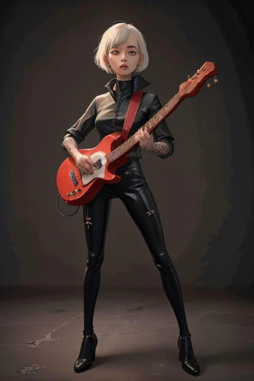 girl. fullbody, grey skin, goth clothing, gothic tattoos, bard, mage, cyberpunk-bob-cut, playing lute, dark, 4k, beautiful, color_scheme:black_red, fantasy