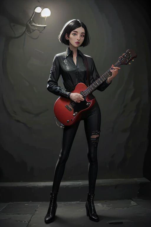 girl. fullbody, grey skin, goth clothing, gothic tattoos, bard, mage, cyberpunk-bob-cut, playing lute, dark, 4k, beautiful, color_scheme:black_red, fantasy