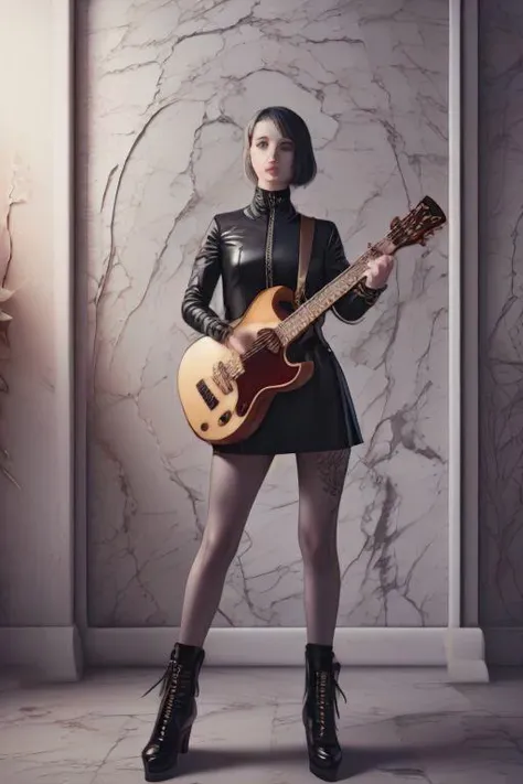 girl. fullbody, grey skin, goth clothing, gothic tattoos, bard, mage, cyberpunk-bob-cut, playing lute, dark, 4k, beautiful, color_scheme:black_red, fantasy