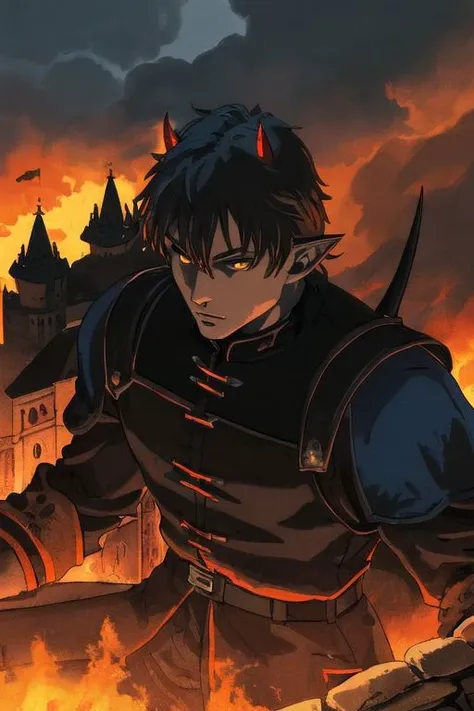 Anime Highly-Detailed stone Castle Town Street Volcano Fire night smoke dark-clouds (Solo) Portrait Sharp-ears Medieval Muscular Demon Horned Knight rugged soldier militia-uniform black blue dark orange red yellow brown grey red epic-lighting colorful