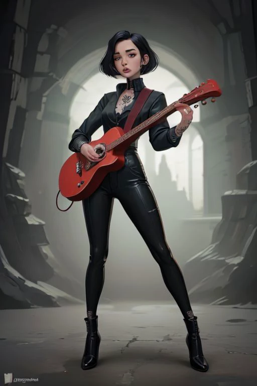 girl. fullbody, grey skin, goth clothing, gothic tattoos, bard, mage, cyberpunk-bob-cut, playing lute, dark, 4k, beautiful, color_scheme:black_red, fantasy