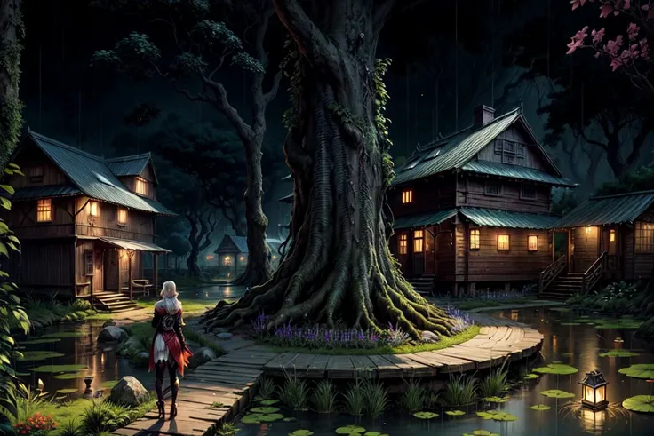 anime artwork concept art, 8k, HDR, deep of field, bloom effect, volumetric lighting, swamp, architecture, building, wooden house, bush, village, city lights, cityscape, southeast Asian architecture, flower, grass, house, night, outdoors, rain forest, night sky, huge tree, wooden path, lake, lotus flower, village lamp. <lora:more_details:0.7> <lora:Fllustration_v1.0:0.6> <lora:adventurer2.0-6:0.7> black_knight . anime style, key visual, vibrant, studio anime, highly detailed