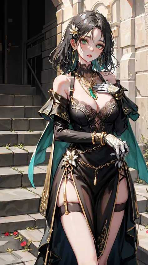 dynamic pose, extremely detailed, illustrated, 1girl, standing, older_woman, milf, covered shoulders, elbow gloves, long dress with intricate details and see through parts, lace, straps, necklace, gold, silver details, metals, metallic details, bangle, several bracelets, earrings, hair ornament, medium_breasts, floor length dress,  green eyes, long black hair, stockings, <lora:adventurers_v1:1>, (intricate details, extremely detailed, beautiful, masterpiece, 8k, absurdres, high res, bloom)