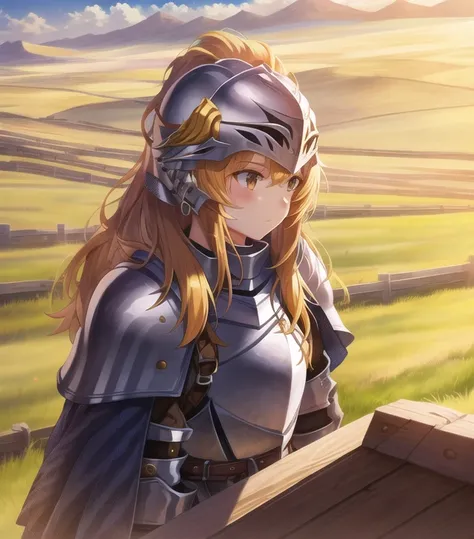 <lora:adventurers_v1 armor, knight, rogue, paladin, warrior, berserker, ranger, cleric, musketeer, valkyrie:1>, 1girl, knight, helmet, armor, light, shadow, valley, landscape, basking the golden glow of the setting sun, sun and clouds behind