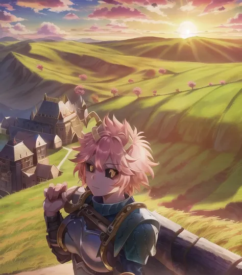 <lora:minaAshidoMyHero_v10 mina ashido:1>, <lora:adventurers_v1 armor, knight, rogue, paladin, warrior, berserker, ranger, cleric, musketeer, valkyrie:1>, 1girl, ashido mina, pink hair, pink skin, black sclera, knight, armor, light, shadow, valley, landscape, (basking the golden glow of the setting sun, sun and clouds behind with rolling hilly grasslands and a castle in the distance)
