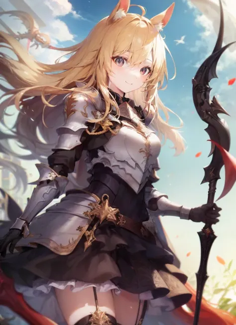 1girl, armor,horse ears,horse tail,blonde ,cape ,smile, extremely detailed, (spear:1.1)(masterpiece, best quality:1.2)<lora:adventurers_v1:1>