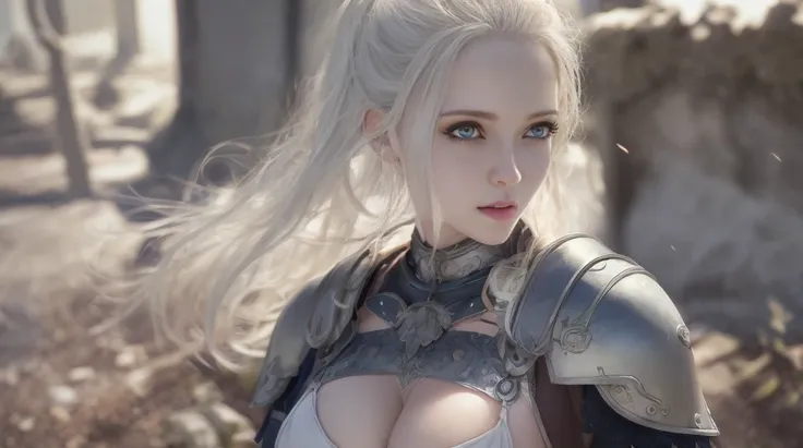 best quality, masterpiece,highly detailed,1girl,upper body,semi-realistic,cleric,armor,large breasts,cleavage,mage,white hair,fantasy background,depth of field,looking at viewer,motion blur,