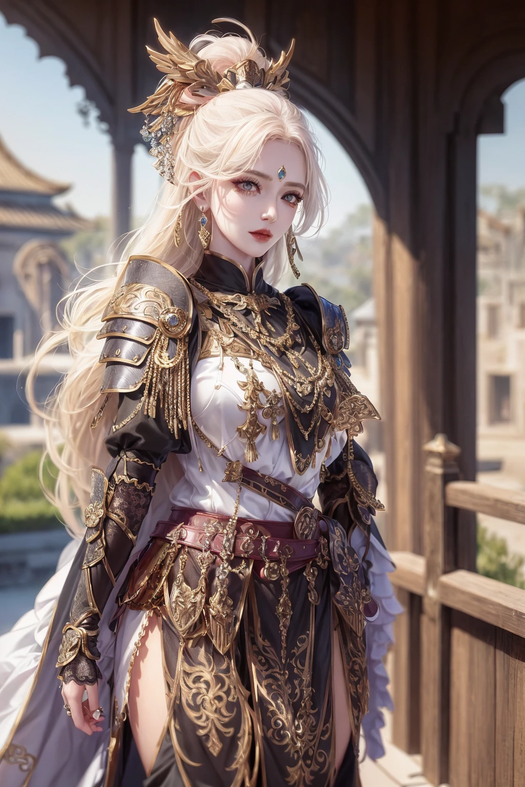 Best quality details,8K UHD, High definition, hyperdetailed, High quality detailed texture, ((perfect female figure)), High quality shadow, Detailed beautiful delicate face, Detailed beautiful delicate eyes, perspective,only one person,(huge breasts,breasts out), (indoors + dark vibe + china courtyard + pond + pavilion + peaceful + bridge + trees), perfect body, thin waist, wide hips, ((red eyes)), (platinum blond hair),(white and gold full plate armor:1.4),valkyrie, hair stick,sexy pose, hairpin, hair ornaments, light smile, lovely face, slender face, fair white skin, glowing eyes, glossy lips, bags_under_eyes, pale pink lip, beautiful eyes, eyelashes, Thin lips, (noble girl), eyeshadow, makeup, eyeliner, perfect face, shawl, hagoromo, detailed clothes, (rich:1.4), prestige, gorgeous, luxury, lace, lace trim,royal palace, jewelry, gem, gold, silver, diamond, glint, sapphire, ruby, emerald, pearl, amber, obsidian, jewelry, gem, glint, beautiful, gorgeous, charismatic, charming, gothic, fantasy, divine, clean, rich, prestige, fantastic, supreme, apex, paramount, goddess, lace, lace trim, delicate pattern, shiny skin, gold, royal,super idol face,messy hair, perfect lighting, (detailedlight),((anextremelydelicateandbeautiful)),dramatic_shadow,ray_tracing, hair ornament, necklace, gorget, earrings, bracelet, armlet, rings, piercings