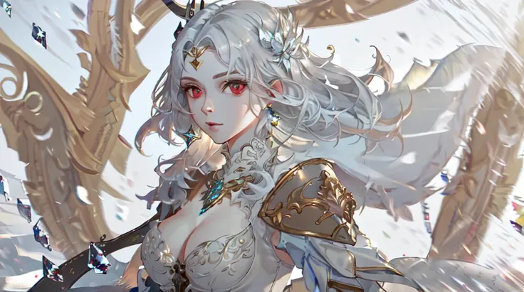 best quality, masterpiece,highly detailed,semi-realistic,1girl,mature female,upper body,cleric,hiqcgbody,medium breasts,cleavage,perfect face,red eyes,white hair,white eyebrows,ornament,gem,earrings,castle in background,depth of field,blurry background,looking at viewer,motion blur,dynamic angle,