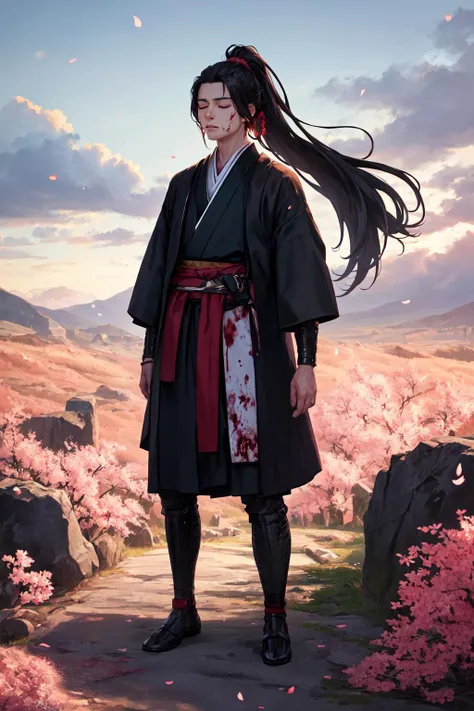 masterpiece, high quality, best quality, beautiful, hd, realistic, perfect lighting, detailed face, detailed body, (1 man), black long hair, (ponytail), (red samurai clothes), samurai, standing, closed eyes, wind, (sakura),sakura petals, (brutal), courageous, full body, ((blood)), <lora:knight_v4.1SD:0.6>