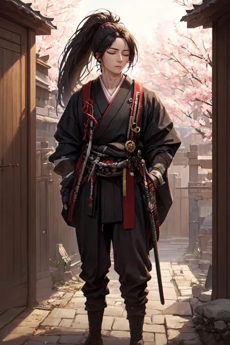 masterpiece, high quality, best quality, beautiful, hd, realistic, perfect lighting, detailed face, detailed body, (1 man), black long hair, (ponytail), (red samurai clothes), samurai, standing, closed eyes, wind, (sakura),sakura petals, (brutal), courageous, full body <lora:knight_v4.1SD:0.6>