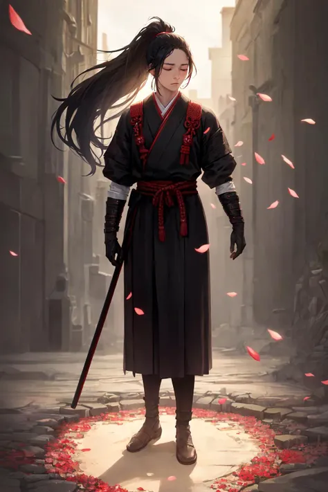 masterpiece, high quality, best quality, beautiful, hd, realistic, perfect lighting, detailed face, detailed body, (1 man), black long hair, (ponytail), (red samurai clothes), samurai, standing, closed eyes, wind, (sakura),sakura petals, (brutal), courageous, full body <lora:knight_v4.1SD:0.6>