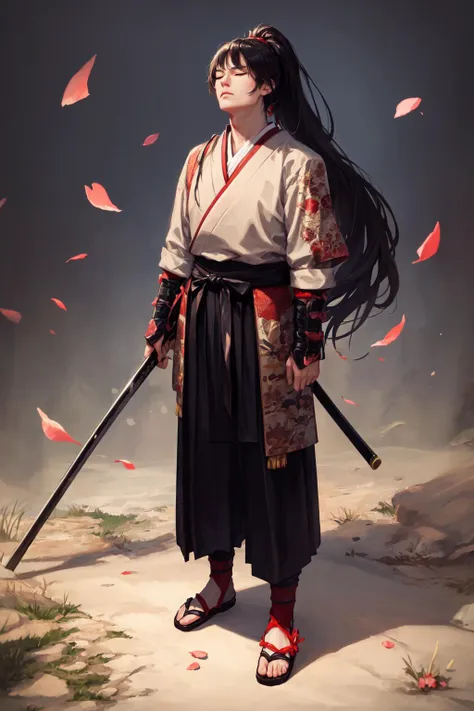 masterpiece, high quality, best quality, beautiful, hd, realistic, perfect lighting, detailed face, detailed body, (1 man), black long hair, (ponytail), (red samurai clothes), samurai, standing, closed eyes, wind, (sakura),sakura petals, (brutal), courageous, full body <lora:knight_v4.1SD:0.6>