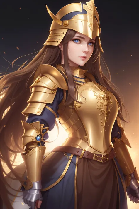 a  portrait of a vigorous [seductress|goddess] nurse, (golden plate armor:1.1),helmet,covered eyes,breastplate,navel cutout,paladin, <lora:adventurers_v1:0.75>, elegant, perfect face, pretty face, blue eyes, medium brown hair, long hair, huge breasts, lush detail, absurdres,