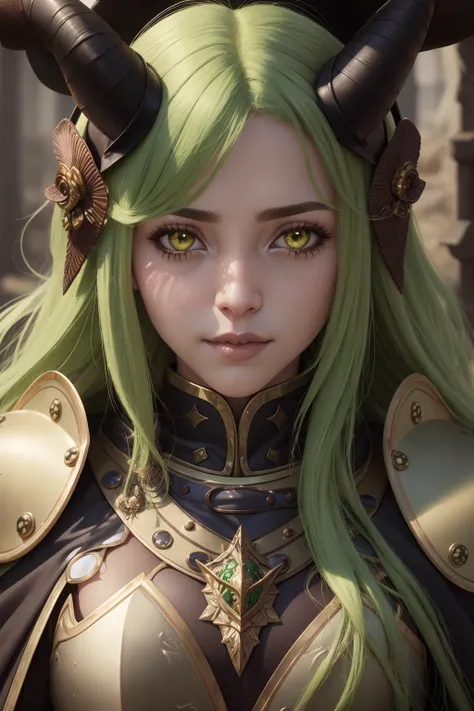 a  portrait of a underdeveloped [temptress|siren] , Mocha armor, breastplate, horns, fur, cape, <lora:adventurers_v1:0.75>,  perfect face, pretty face, yellow eyes, green hair, big hair, small breasts, lush detail, absurdres,