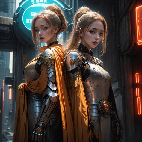((Best quality)), ((masterpiece)), (highly detailed:1.3),3D, cyberhanfu,futuristic elite Mecha paladin standing guard,royal house guard,beautiful cyberpunk female wearing intricate ceremonial armor with neon trim, golden cape,<lora:knight_v4.1SD:0.65> <lora:add_detail:0.4> <lora:SBGF:0.9>