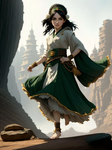 masterpiece, best quality, full body dramatic shot of beautiful young child girl (Toph_Shurik-6000) wearing green and white clothes with golden trim standing on a rock with bare feet (looking at viewer), (cunning smile), (action fighting pose), wearing armguards, beautiful face, black hair, pale eyes, blushing face, bare feet, intricate details, hyperdetailed, hdr, 4k, 8k, art by artgerm ruan jia and greg rutkowski, trending on artstation, rocks, dirt, earthbending, avatar the last airbender, victorian era, (Style-Empire:1.1)