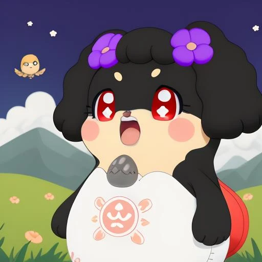 <lora:CocotamaKannaBlack:0.8> solo, open mouth, hair ornament, red eyes, upper body, flower, hair flower, arms up, no humans, blush stickers, beautiful scenery