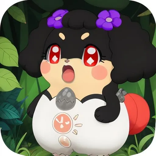 <lora:CocotamaKannaBlack-10:1>  solo, open mouth, hair ornament, red eyes, upper body, flower, hair flower, arms up, no humans, blush stickers, jungle