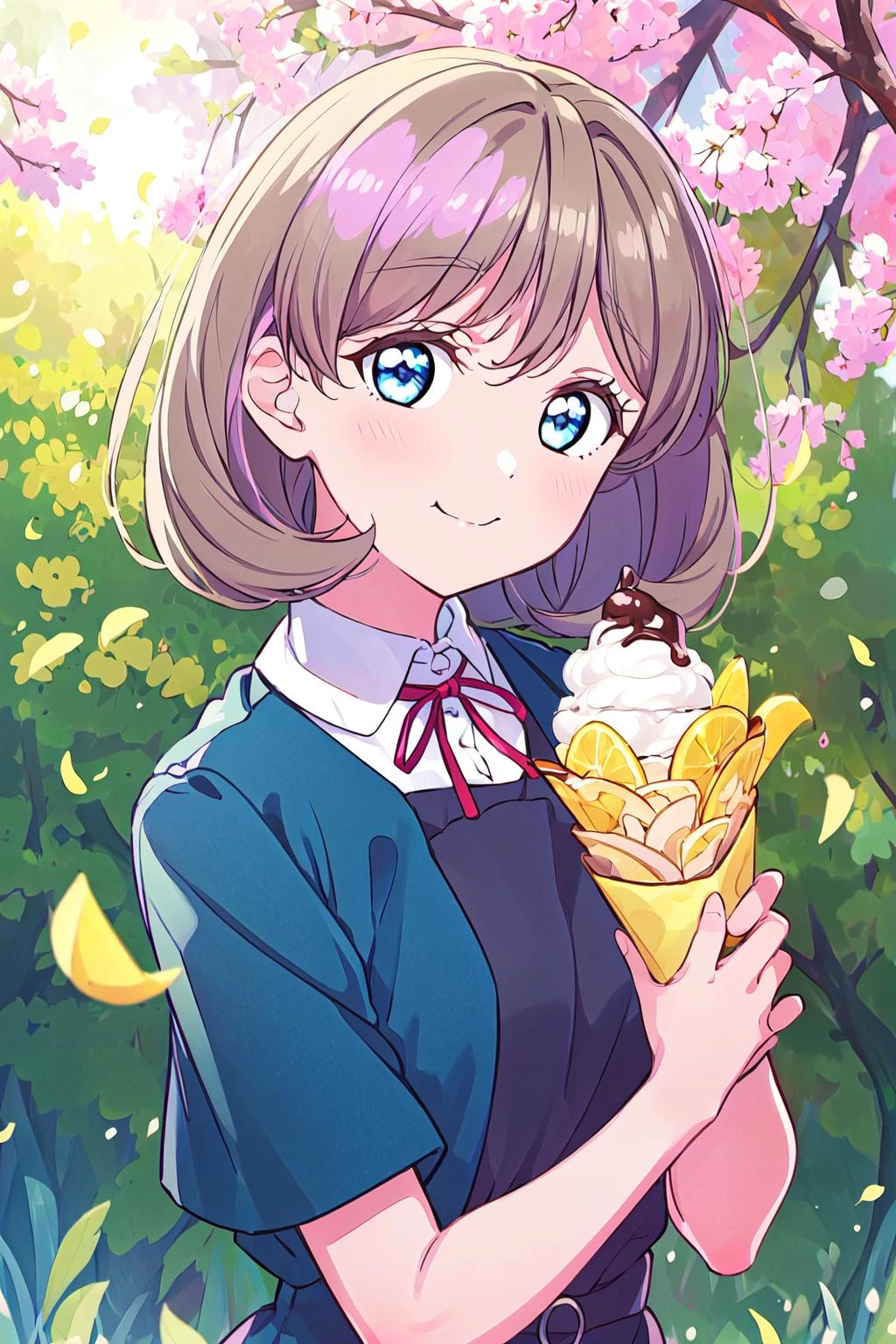 (best quality, masterpiece:1.2), 1girl, solo, (upper body:1.2), light on face, standing, lens flare, smile, looking at viewer, cute, sunrise, spring,
<lora:A_Tang Keke WSU:0.9> tang keke, close up, closed mouth, (ice cream cone:0.8),