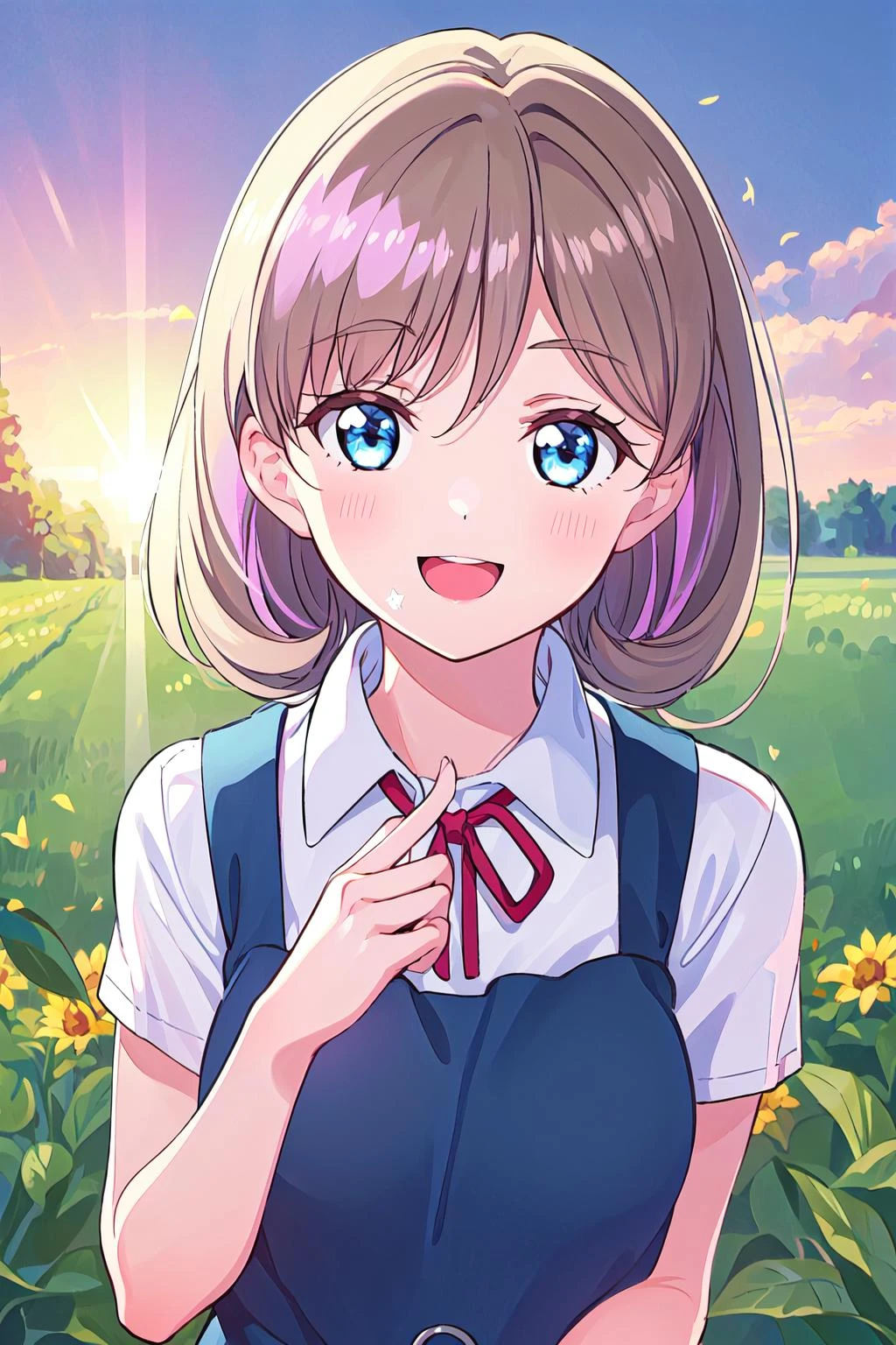 (best quality, masterpiece:1.2), 1girl, solo, (upper body:1.2), light on face, sunlight, lens flare, smile, looking at viewer, open mouth, from above, standing, sunrise, summer,
<lora:Tang Keke WSU:0.8> tang keke