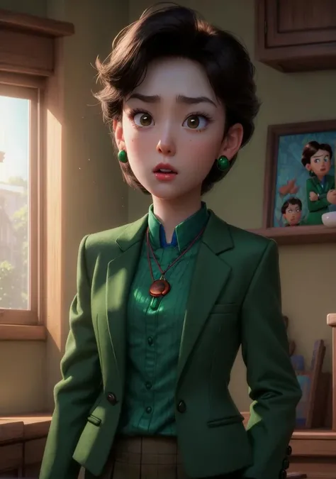 1girl, <lora:Ming_Lee:1> Short dark brown hair, brown eyes, closed mouth, pale skin, green earrings, green blazer, blue shirt, red pendant necklace, standing, cartoon, (pixar:1.2), Ming Lee