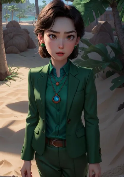 1girl, <lora:Ming_Lee:1> Short dark brown hair, brown eyes, gentle expression, pale skin, green earrings, green blazer, blue shirt, red pendant necklace, standing, cartoon, (pixar:1.2), Ming Lee, ocean, sand, palms