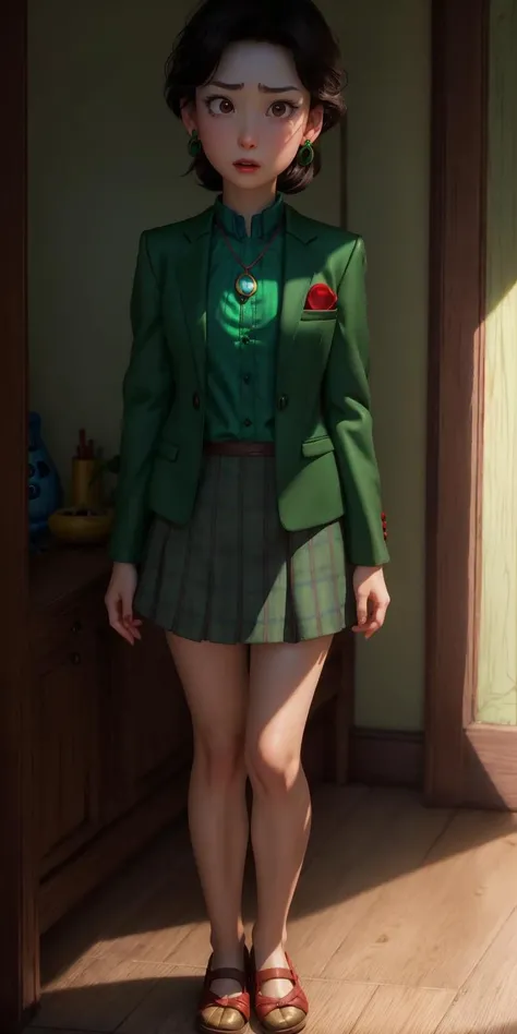 1girl, <lora:Ming_Lee:1> Short dark brown hair, brown eyes, gentle expression, pale skin, green earrings, green blazer, blue shirt, red pendant necklace, standing, cartoon, (pixar:1.2), (Ming Lee:1.3)