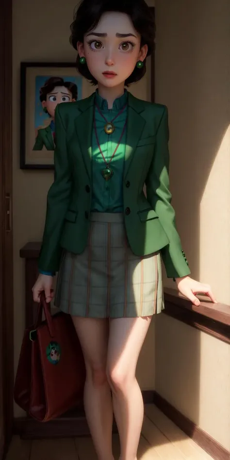 1girl, <lora:Ming_Lee:1> Short dark brown hair, brown eyes, gentle expression, pale skin, green earrings, green blazer, blue shirt, red pendant necklace, standing, cartoon, (pixar:1.2),