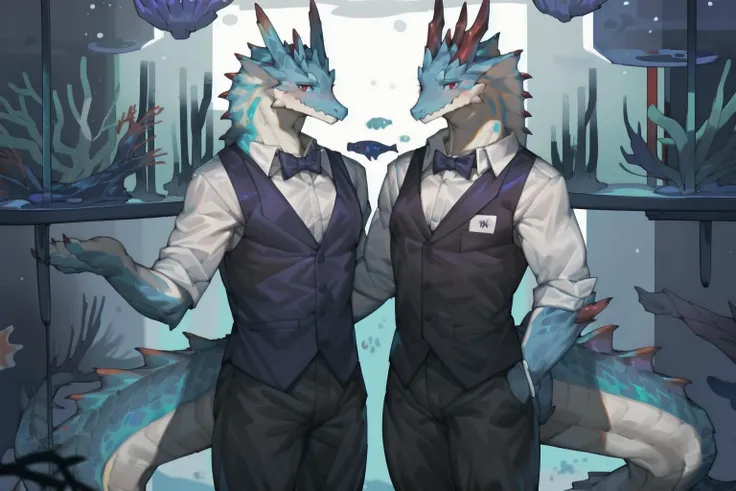 by kiyosan,by pgm300,(by bebebebebe:0.75),by milkytiger11145,
kemono,anthro,
male,
dragon,red eyes,blue body,blush,red horns,
looking at viewer,smile,
black shirt,bow tie,waiter,vest,black pant,
arms behind back,(aquarium:1.3),glass,
standing,<lora:lagiacrus-15:0.8>,