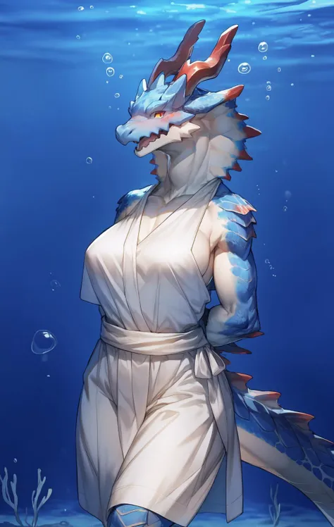 by pgm300,by fuguri,by kiyosan,by milkytiger1145,
full body,anthro,dragon,digitigrade,(female:1.3),big breasts,(horns:1.2),yellow eyes,grey belly,scales,
(half-length portrait:1.55),
blue,red horns,red eyes,
looking at viewer,open mouth,smile,blush,happy,standing,
toga,white toga,
(arms behind back:1.25),
cover,sea,ocean,(underwater:1.2),fish,seagrass,coral reef,
<lora:lagiacrus-15:1>,