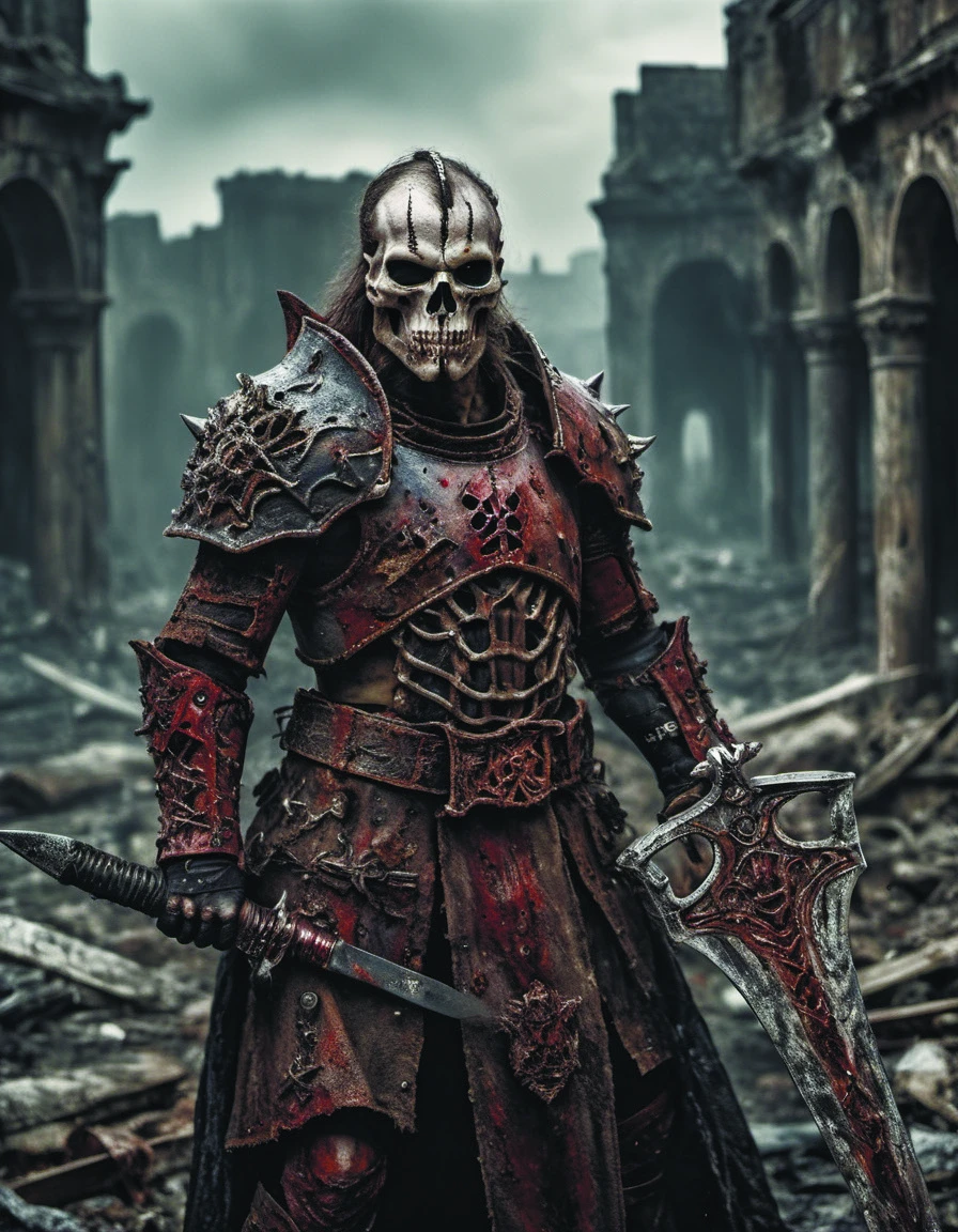 a male chaos warrior of khorne in armor is holding a great sword in a ruined post-apocalyptic city, sci-fi, fantasy, horror, skulls on the ground, blood, Storm, (James Ensor, Unica Zurn, Zdzislaw Beksinki:1.3), Skeletons, Weeping statues, Paranormal, Apparition, (Metallics:1.1), (Shape:1.1), (Monotyping:1.1), (Strobe light:1.2), Stone, Rhombus, ultra detailed, intricate, oil on canvas, dry brush, (surrealism:1.1), (disturbing:1.1) <lora:add-detail-xl:2> <lora:Alien_God_sdxl:0.8> <lora:RPGBarbariansXL:0.74>
