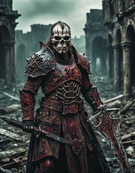 a male chaos warrior of khorne in armor is holding a great sword in a ruined post-apocalyptic city, sci-fi, fantasy, horror, skulls on the ground, blood, Storm, (James Ensor, Unica Zurn, Zdzislaw Beksinki:1.3), Skeletons, Weeping statues, Paranormal, Apparition, (Metallics:1.1), (Shape:1.1), (Monotyping:1.1), (Strobe light:1.2), Stone, Rhombus, ultra detailed, intricate, oil on canvas, dry brush, (surrealism:1.1), (disturbing:1.1) <lora:add-detail-xl:2> <lora:Alien_God_sdxl:0.8> <lora:RPGBarbariansXL:0.74>