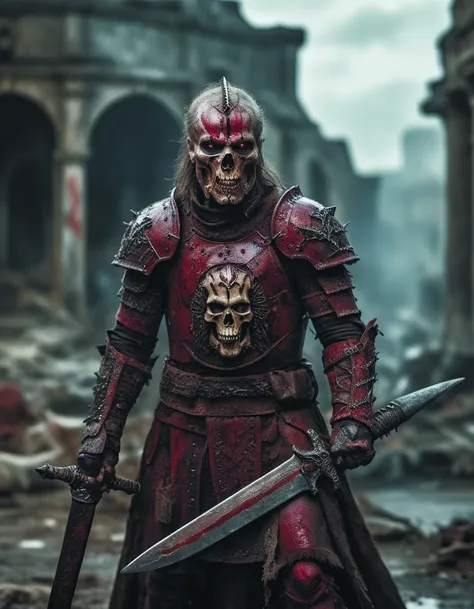 a man in a red armor holding a sword and a skull