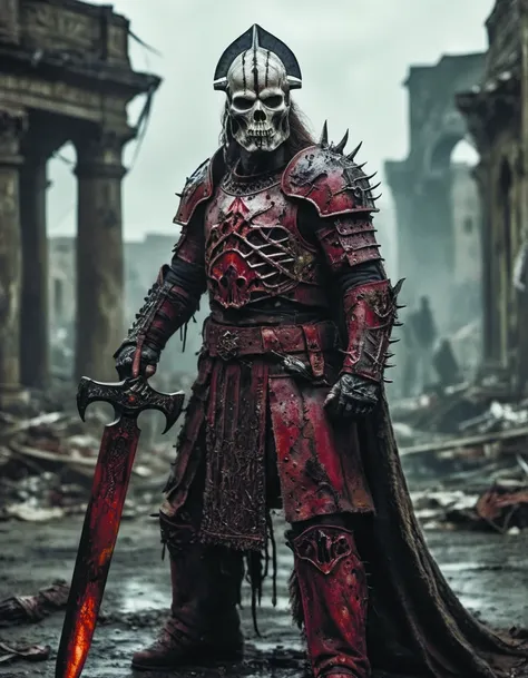 a male chaos warrior of khorne in armor is holding a great sword in a ruined post-apocalyptic city, sci-fi, fantasy, horror, skulls on the ground, blood, Storm, (James Ensor, Unica Zurn, Zdzislaw Beksinki:1.3), Skeletons, Weeping statues, Paranormal, Apparition, (Metallics:1.1), (Shape:1.1), (Monotyping:1.1), (Strobe light:1.2), Stone, Rhombus, ultra detailed, intricate, oil on canvas, dry brush, (surrealism:1.1), (disturbing:1.1) <lora:add-detail-xl:2> <lora:Alien_God_sdxl:0.9> <lora:RPGBarbariansXL:0.74>