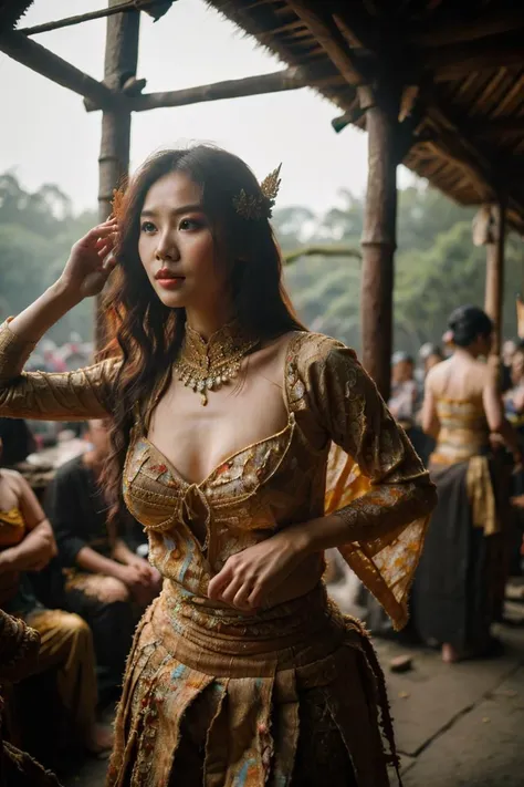ancient dance photography,close up,beautiful ghost girl wearing colorful batik torso wrap and shawl,surrounded by warfare of rpgbarbarian person wearing heavy armor,dancing,wooden fantasy tavern,bamboo materials,ancient indonesia theme,gamelan majapahit,<lora:FantasyTavern:0.5>,FanTav,<lora:Dance Photography_20230622235003:0.3>,bokeh,<lora:RPGBarbarian:0.3>,<lora:g0s1 - Ghost:0.3>,g0s1,<lora:NatureStyle_530620:0.3>,naturestyle,amateur photograph,