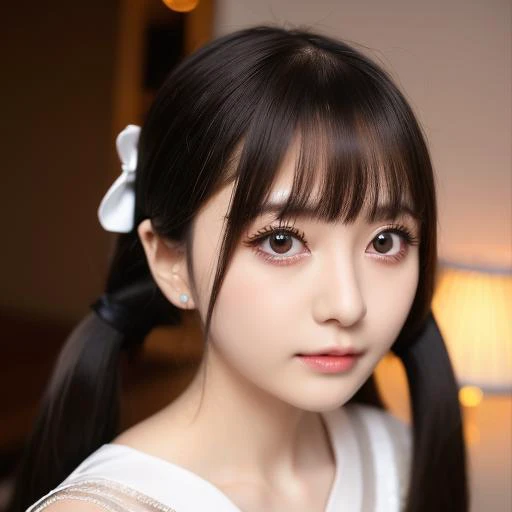 best quality, (photorealistic:1.2), 1girl, solo, shiny skin, detailed face, face focus, standing, black hair,(hair ornament:1.35), twintails, japanese clothes, ribbon-trimmed sleeves, detached sleeves, ribbon trim, wide sleeves, (looking at viewer:0.5) long hair, black eyes, bangs, underwear, lips, <lora:fishLora_v10:1>
