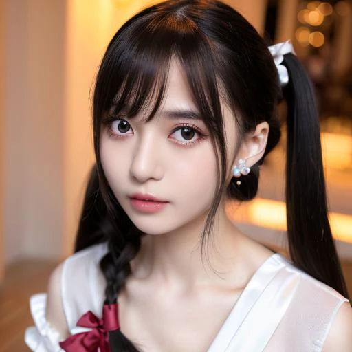 There is a young Asian woman with a red bow on her head., Peinado colas gemelas, Yoshitomo Nara, Shikamimi, Sui Ishida con cabello negro, con coletas negras, Chiho, Ella tiene el pelo negro con flequillo, Cabello negro Hime cortado, con flequillo, El Corte Hime, Sakimi Chan, colas gemelas