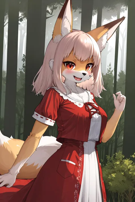 nature photography, forest, elu \(niji\), 1girl, ((furry fox)) girl, medium breasts, dress, red dress, short sleeves, fox face, animal nose, snout, <lyco:KitsuneAi-EluNiji-LoCon32V1-000006:0.8>