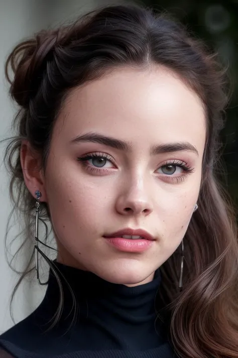 photo of extremely sexy (Koh_FreyaTingley:0.99), a woman as a sexy student, closeup portrait upsweep updo, (blue tight long sleeve turtleneck top), at a cantina sitting bar (masterpiece:1.5) (photorealistic:1.1) (bokeh) (best quality) (detailed skin texture pores hairs:1.1) (intricate) (8k) (HDR) (wallpaper) (cinematic lighting) (sharp focus), (eyeliner), (painted lips:1.2), (earrings)
