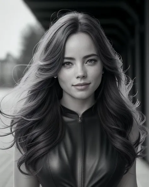 beautiful woman (Koh_FreyaTingley:.99), beautiful hair, elegant, ( valley) , hair blowing in wind, wind lift, natural skin texture, (sleeveless leather bodysuit), sunset, cute smile, 24mm, 4k textures, soft cinematic light, adobe lightroom, photolab, hdr, intricate, elegant, highly detailed, sharp focus, ((((cinematic look)))), soothing tones, insane details, intricate details, hyperdetailed, low contrast, soft cinematic light, exposure blend, hdr, faded,