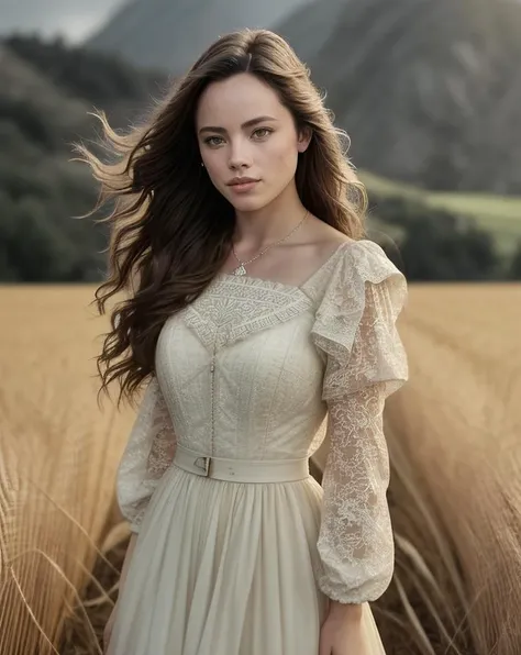 beautiful woman (Koh_FreyaTingley:.99), beautiful hair, elegant, ( wheat field) , hair blowing in wind, wind lift, natural skin texture, (white silk dress with high neckline:1.5, fighting stance), sunset, cute smile, 24mm, 4k textures, soft cinematic light, adobe lightroom, photolab, hdr, intricate, elegant, highly detailed, sharp focus, ((((cinematic look)))), soothing tones, insane details, intricate details, hyperdetailed, low contrast, soft cinematic light, exposure blend, hdr, faded,