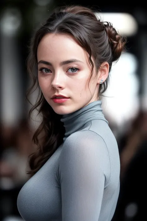 photo of extremely sexy (Koh_FreyaTingley:0.99), a woman as a sexy student, closeup portrait upsweep updo, (blue tight long sleeve turtleneck top), at a cantina sitting bar (masterpiece:1.5) (photorealistic:1.1) (bokeh) (best quality) (detailed skin texture pores hairs:1.1) (intricate) (8k) (HDR) (wallpaper) (cinematic lighting) (sharp focus), (eyeliner), (painted lips:1.2), (earrings)