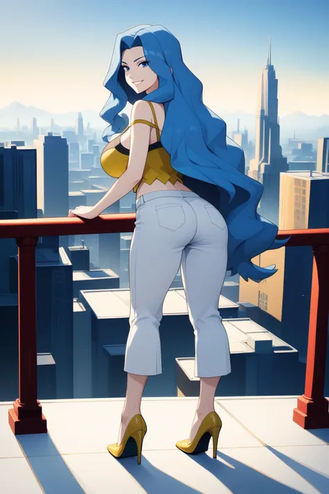 score_9, score_8_up, score_7_up, 1girl, solo, <lora:pkmnkaren-pdxl-nvwls-v1:0.9>, pkmnKaren, very long hair, blue hair, yellow tank top, midriff, white pants, big breasts, high heels, bending over, railing, from behind, cityscape, blue sky, looking back, looking at you, ass, smile, from behind