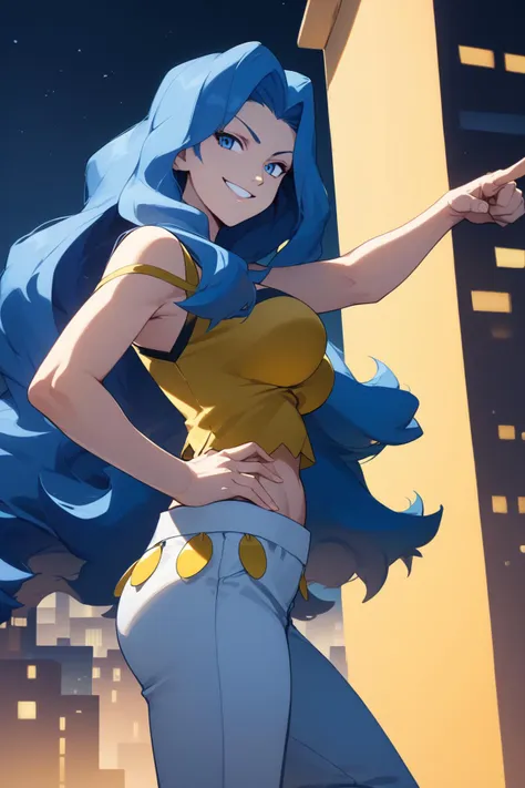 score_9, score_8_up, score_7_up, 1girl, solo, <lora:pkmnkaren-pdxl-nvwls-v1:0.9>, pkmnKaren, very long hair, blue hair, yellow tank top, midriff, white pants, big breasts, high heels, city, night sky, from side, leaning against wall, smile, looking at you, pointing, standing, hand on hip