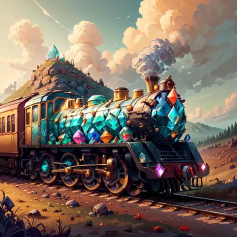<lora:GemstoneAI-000012:1> GemstoneAI, train, blue skies , illustration