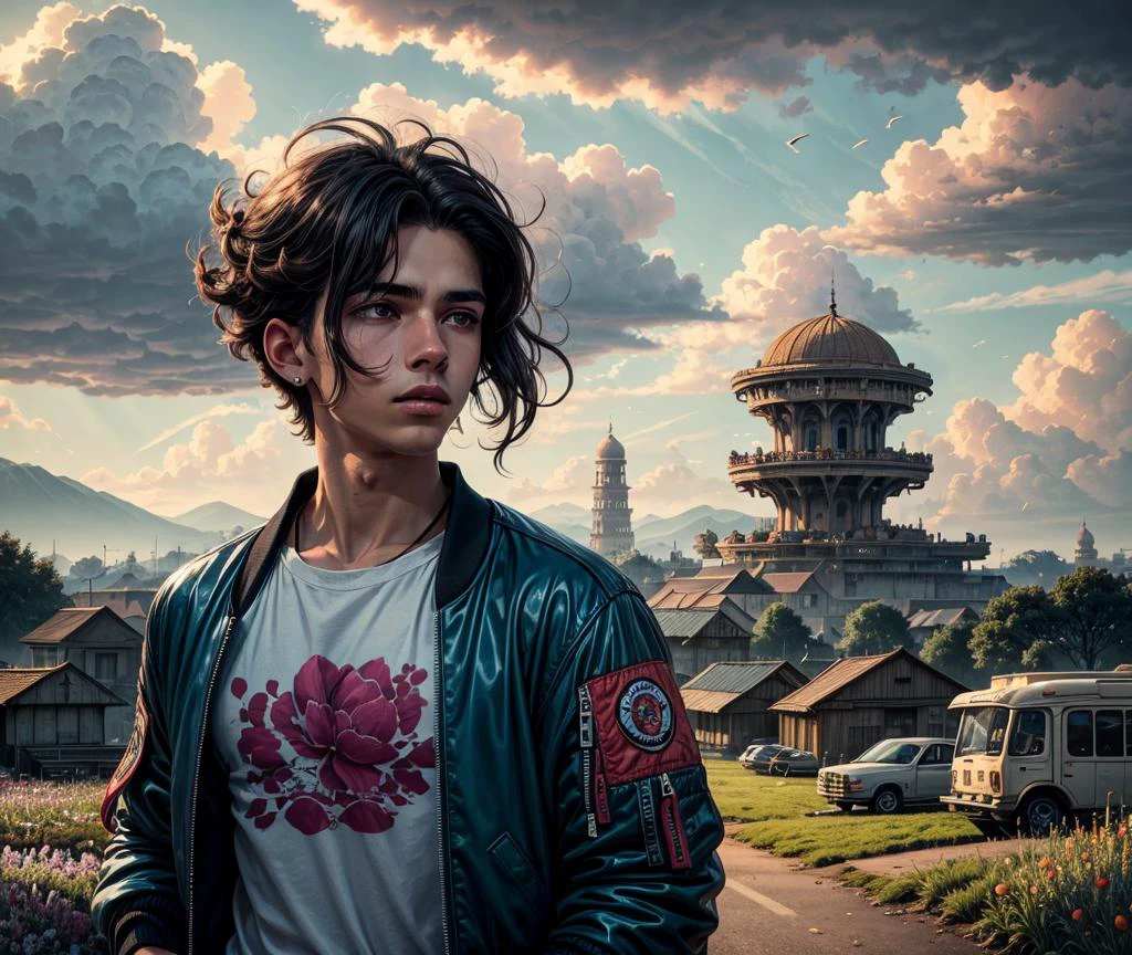 <lora:Elixir:0.4618802153517007>, <lora:more_details:0.4618802153517007>, facing away, bazaars, portrait of 1 beautiful young man, atmospheric atmosphere, illustration of jupiter clouds by dan mumford, thick outlines, best quality, <lora:GemstoneAI-000010:0.5253887449625595> GemstoneAI, road, blends seamlessly with the surrounding environment, surrealism, (8k, ((female))), capturing every detail of this serene and immersive landscape, field, upper body, bloom, knotted roots, (retro bomber jacket 80s)
