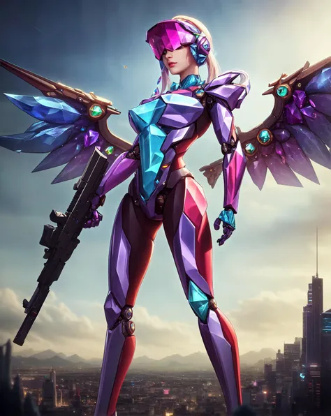 highres render, photo, realistic,8k, extreme detail, perfect face,absurdres, goddess, (masterpiece, best quality), <lora:gemstoneai_v10:0.85>,(GemstoneAI),1girl, cyberpunk, standing, cityscape, visor, robotic body, hightech gemstone armor, starship in sky, holding rifle, gemstone wings,