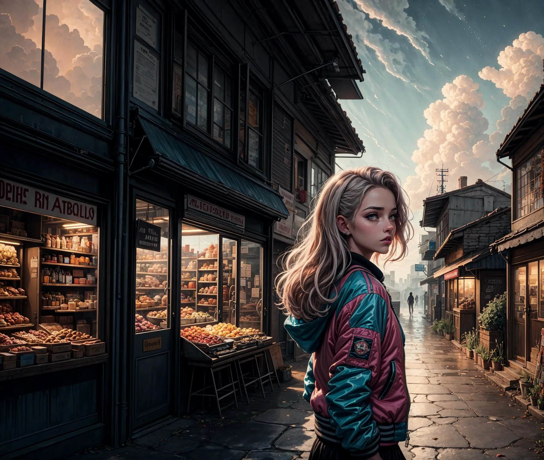<lora:Elixir:0.4618802153517007>, <lora:more_details:0.4618802153517007>, facing away, bazaars, portrait of 1 beautiful young woman, atmospheric atmosphere, illustration of jupiter clouds by dan mumford, thick outlines, best quality, <lora:GemstoneAI-000010:0.5253887449625595> GemstoneAI, road, blends seamlessly with the surrounding environment, surrealism, (8k, ((female))), capturing every detail of this serene and immersive landscape, field, upper body, bloom, knotted roots, (retro bomber jacket 80s)